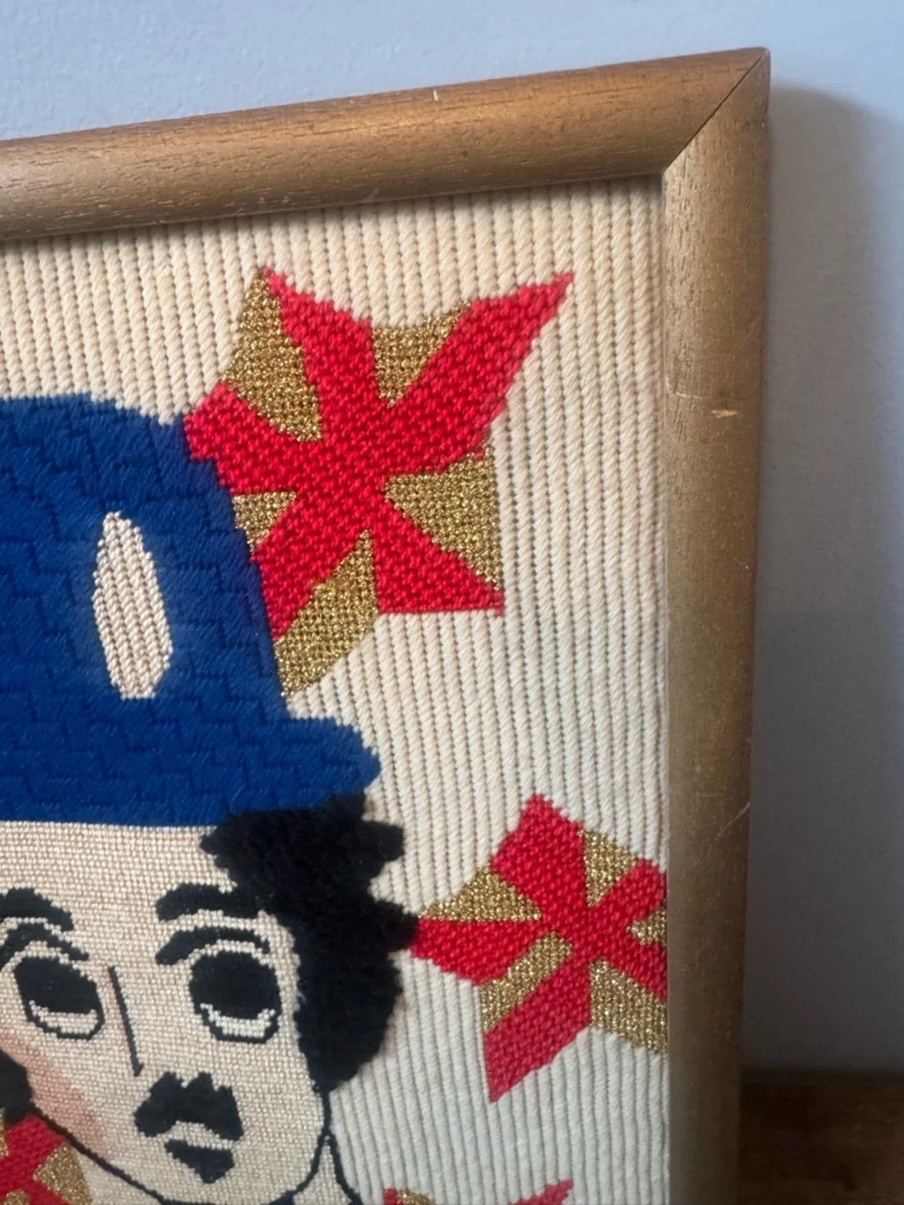 Vintage Charlie Chaplin Needlepoint Framed Art Textured Yarn Gold‎ Red Blue